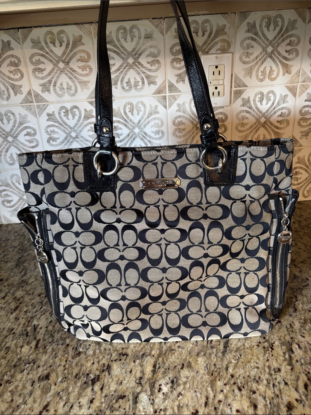 Coach Black and Beige Signature Tote with Leather Straps